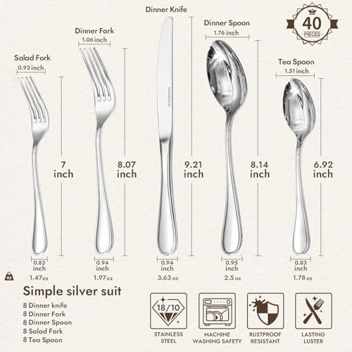 KINGSTONE 40 Piece Teardrop Silverware Set for 8, 18/10 Stainless Steel Flatware Set, Modern Design Cutlery Set for Home/Hotel/Wedding,Mirror Polished and Dishwasher Safe - Image 3