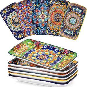 vancasso Simi 9.5 Inch Rectangular Dinner Plates Set of 6 - Bohemian Floral Design in 6 Vibrant Colors, Microwave & Dishwasher Safe Porcelain Plates for Salad, Appetizers, Entertaining