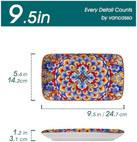 vancasso Simi 9.5 Inch Rectangular Dinner Plates Set of 6 - Bohemian Floral Design in 6 Vibrant Colors, Microwave & Dishwasher Safe Porcelain Plates for Salad, Appetizers, Entertaining - Image 3
