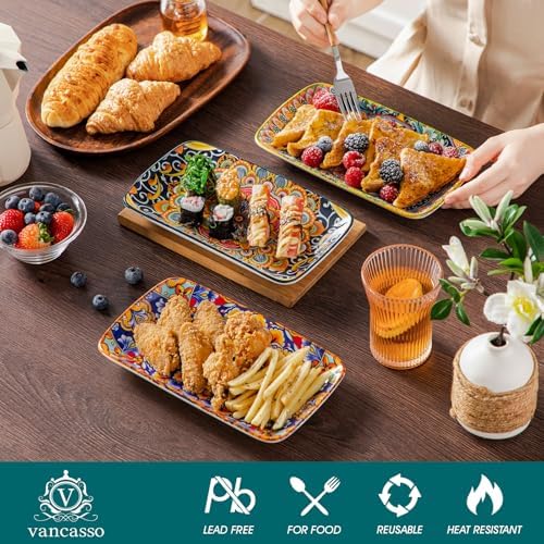 vancasso Simi 9.5 Inch Rectangular Dinner Plates Set of 6 - Bohemian Floral Design in 6 Vibrant Colors, Microwave & Dishwasher Safe Porcelain Plates for Salad, Appetizers, Entertaining - Image 4