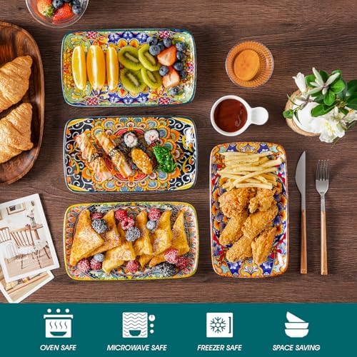 vancasso Simi 9.5 Inch Rectangular Dinner Plates Set of 6 - Bohemian Floral Design in 6 Vibrant Colors, Microwave & Dishwasher Safe Porcelain Plates for Salad, Appetizers, Entertaining - Image 5