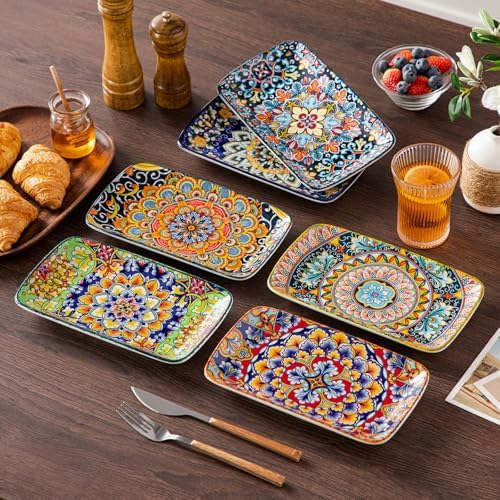 vancasso Simi 9.5 Inch Rectangular Dinner Plates Set of 6 - Bohemian Floral Design in 6 Vibrant Colors, Microwave & Dishwasher Safe Porcelain Plates for Salad, Appetizers, Entertaining - Image 6