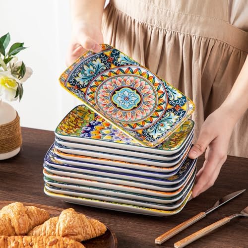 vancasso Simi 9.5 Inch Rectangular Dinner Plates Set of 6 - Bohemian Floral Design in 6 Vibrant Colors, Microwave & Dishwasher Safe Porcelain Plates for Salad, Appetizers, Entertaining - Image 7